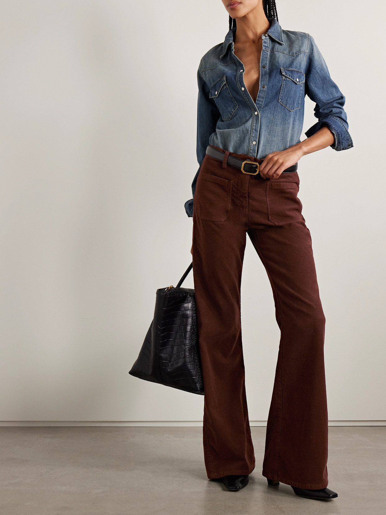 Nili Lotan Florence Cotton-twill Flared Pants In Brown