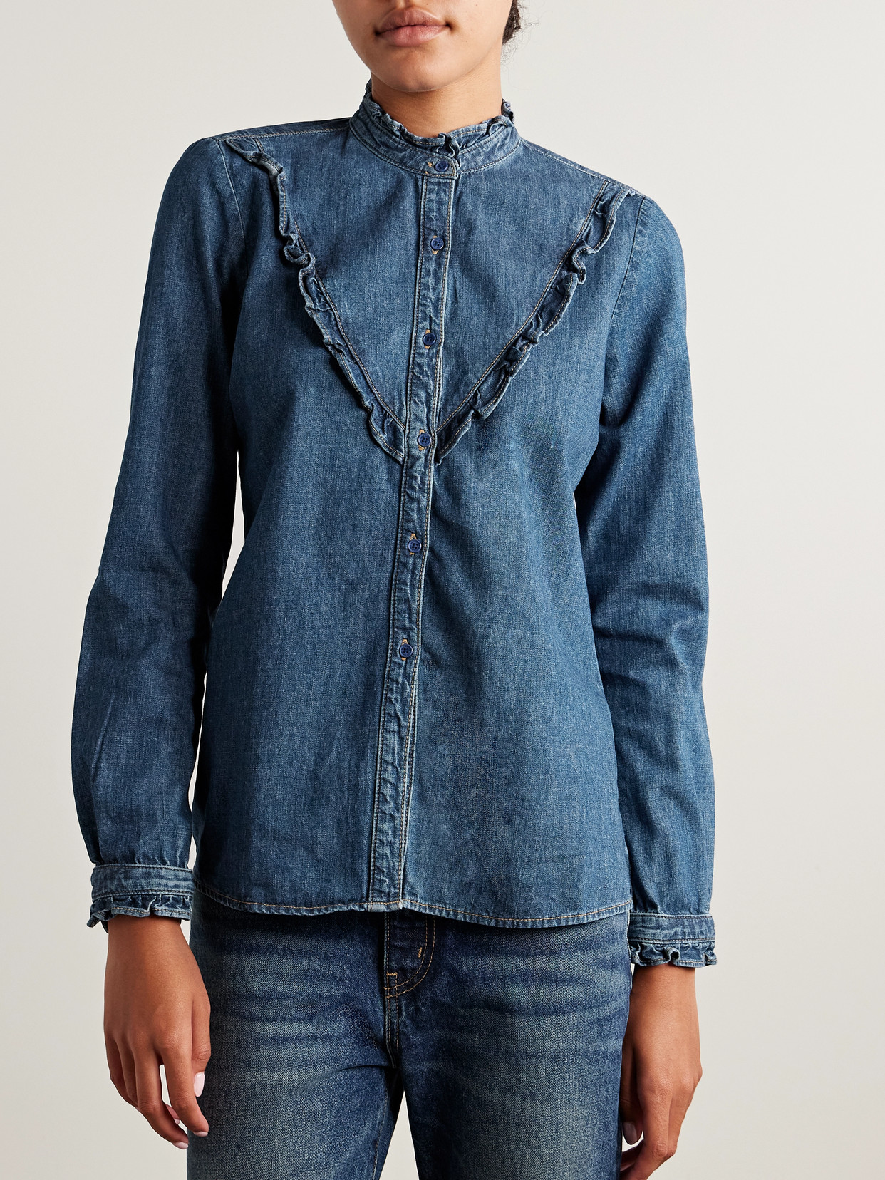 Nili Lotan Marcela Ruffled Denim Shirt In Blue