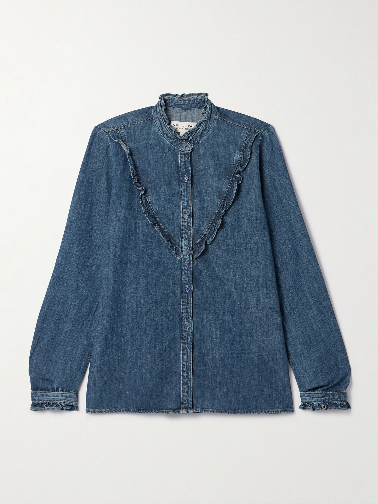 Nili Lotan Marcela Ruffled Denim Shirt In Blue