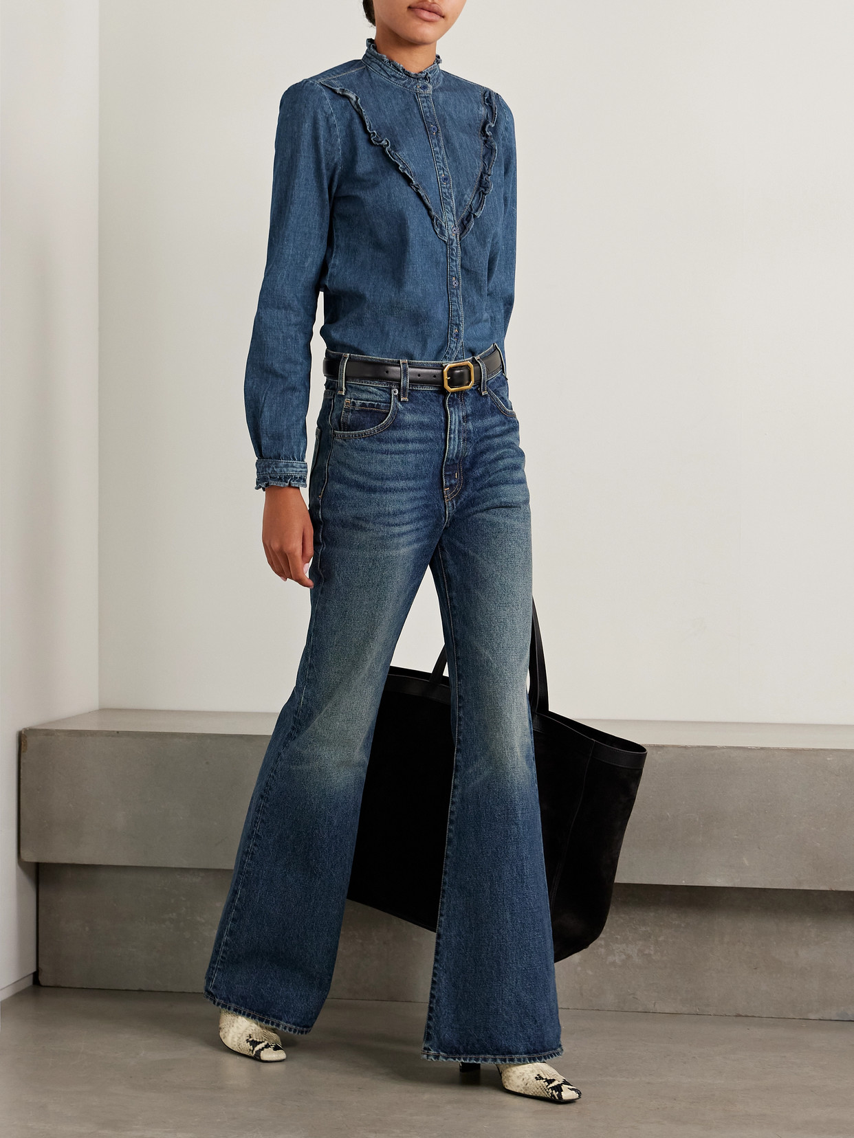 Nili Lotan Marcela Ruffled Denim Shirt In Blue