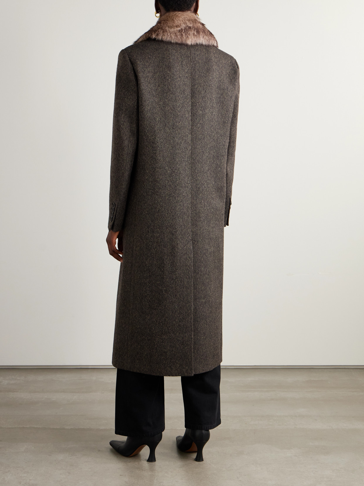 Nili Lotan Edina Double-breasted Shearling-trimmed Herringbone Wool Coat In Multi