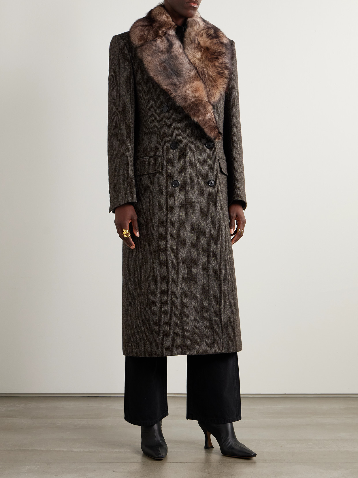 Nili Lotan Edina Double-breasted Shearling-trimmed Herringbone Wool Coat In Multi