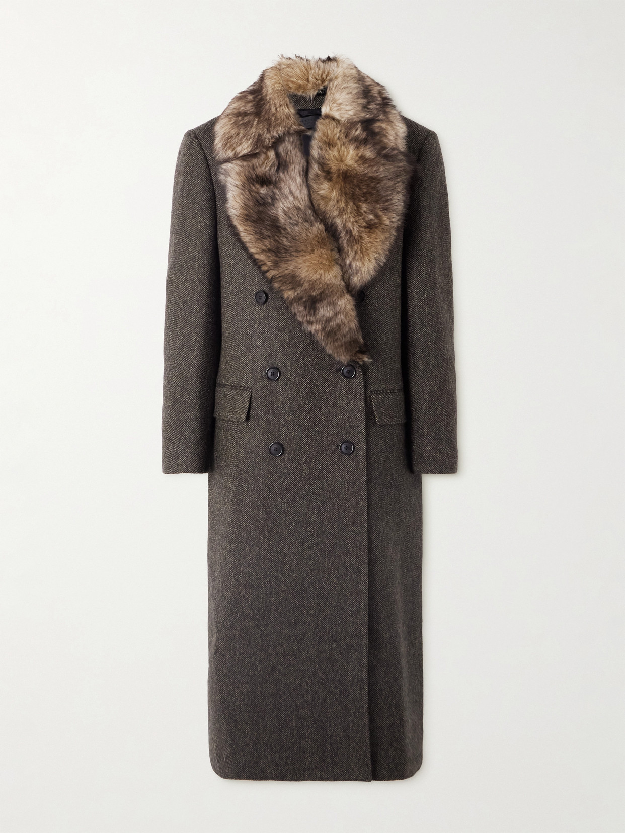 Nili Lotan Edina Double-breasted Shearling-trimmed Herringbone Wool Coat In Multi