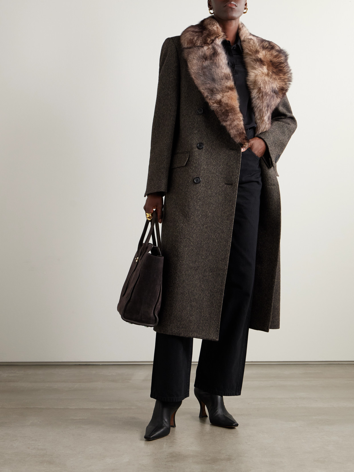 Nili Lotan Edina Double-breasted Shearling-trimmed Herringbone Wool Coat In Multi