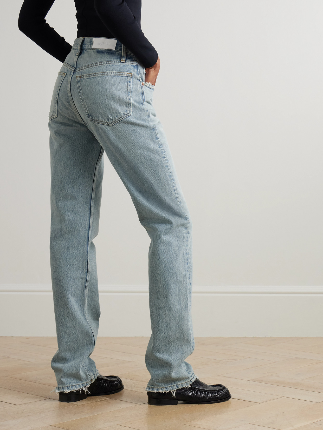 Re/done The Blondie Distressed High-rise Straight-leg Organic Jeans In Blue