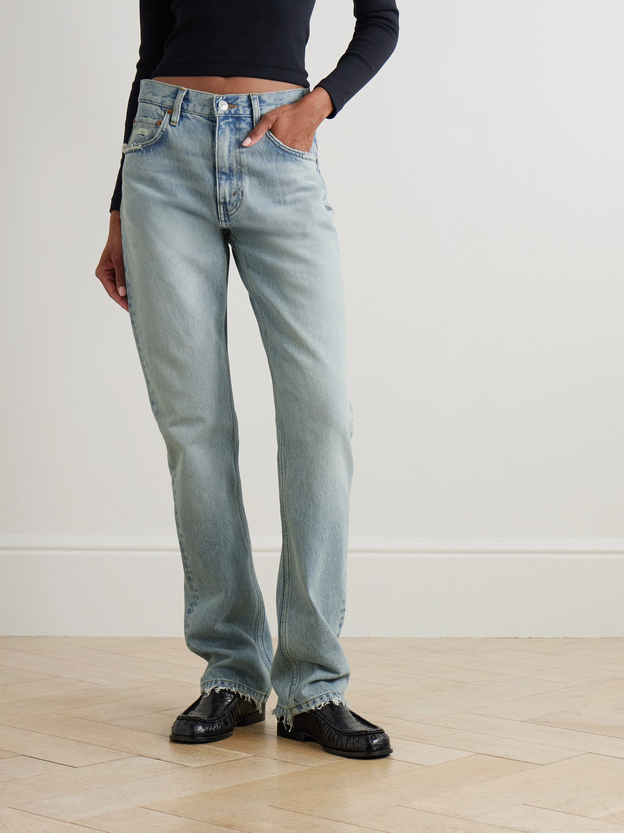 Re/done The Blondie Distressed High-rise Straight-leg Organic Jeans In Blue