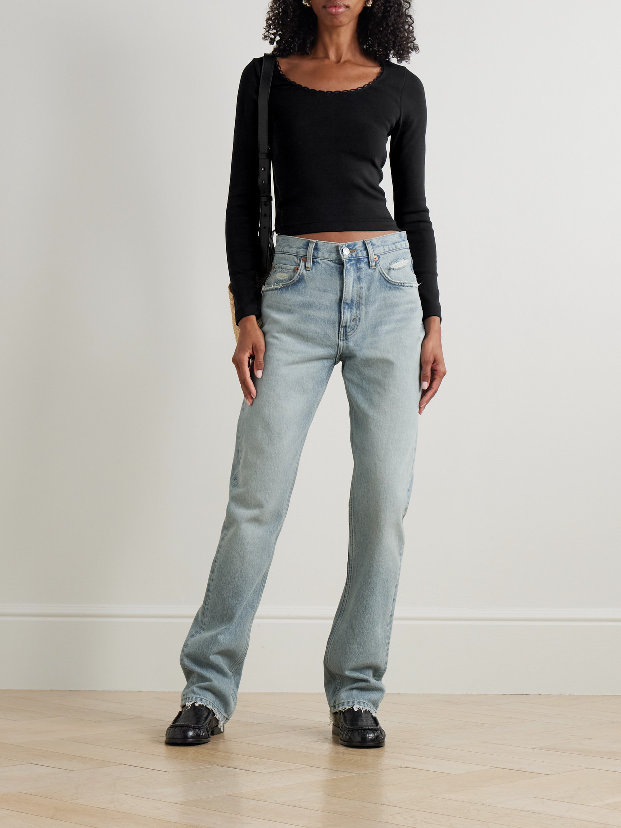Re/done The Blondie Distressed High-rise Straight-leg Organic Jeans In Blue