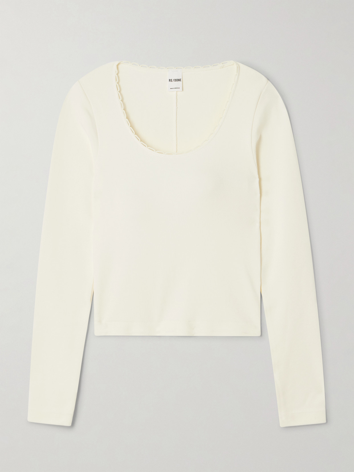 Re/done Cropped Scalloped Stretch-cotton Jersey Top In White