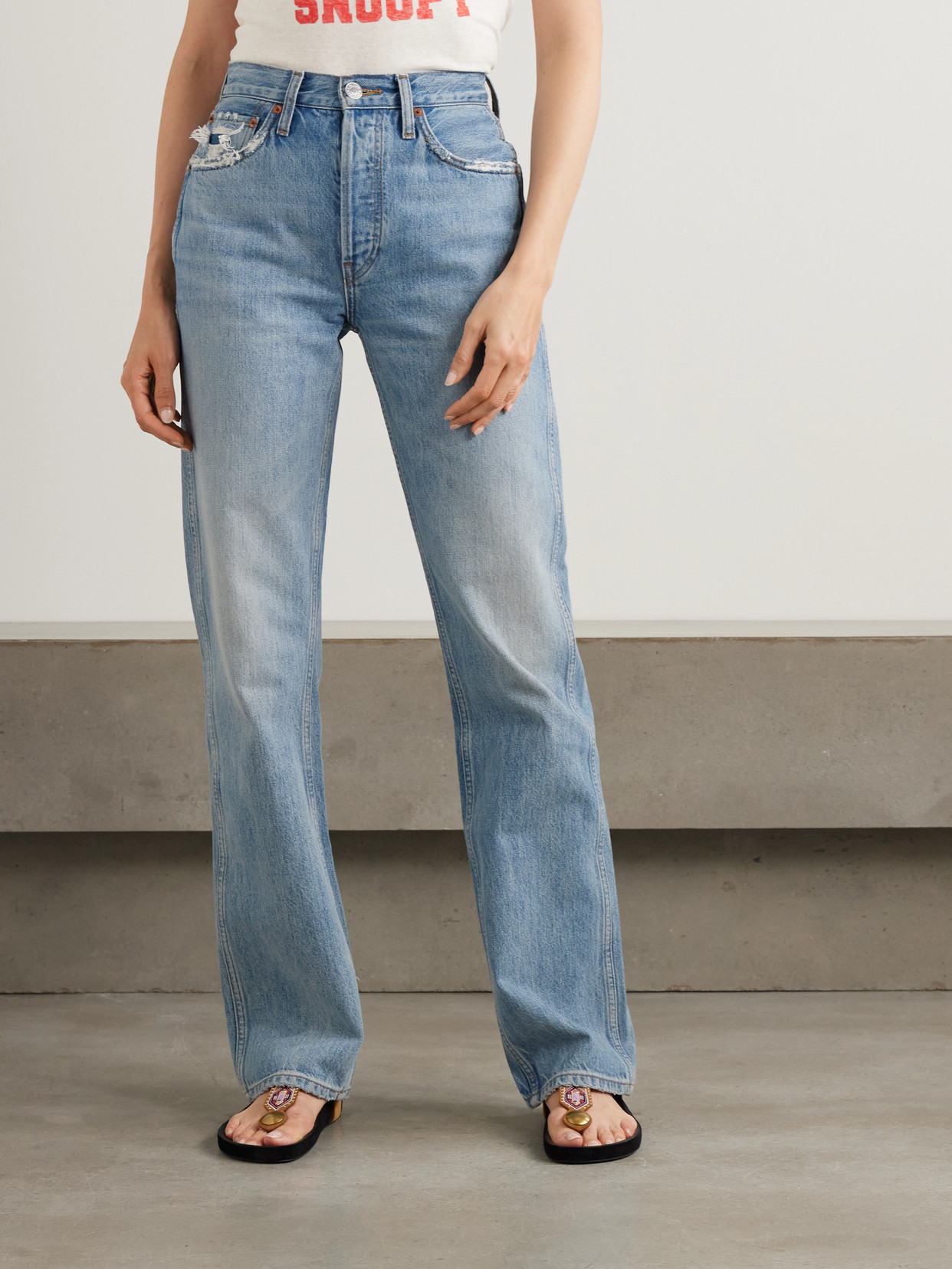 Re/done 90s Distressed High-rise Straight-leg Organic Jeans In Blue