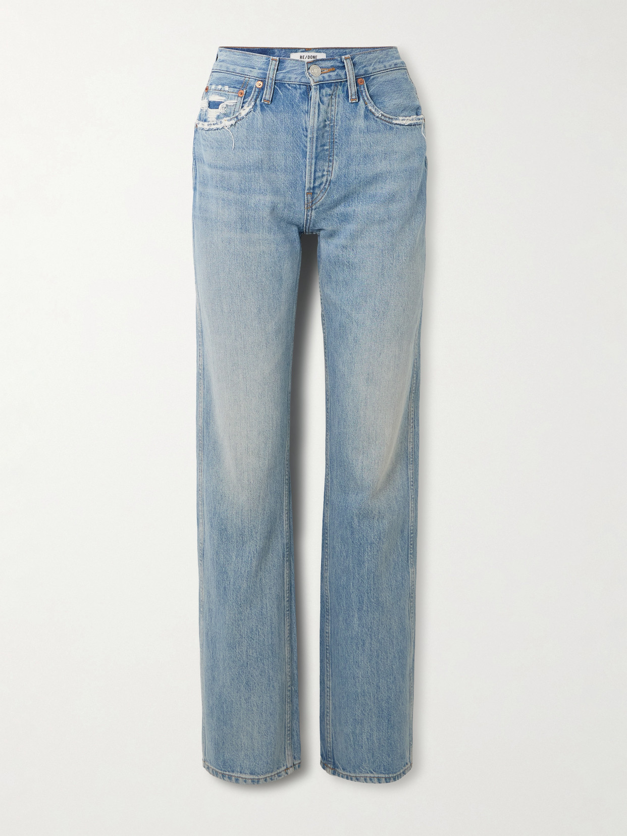 Re/done 90s Distressed High-rise Straight-leg Organic Jeans In Blue