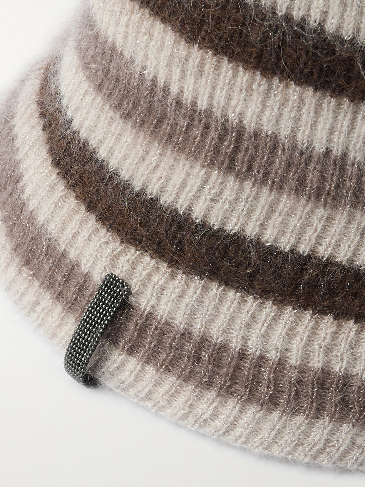 Brunello Cucinelli Bead-embellished Striped Metallic Ribbed-knit Bucket Hat