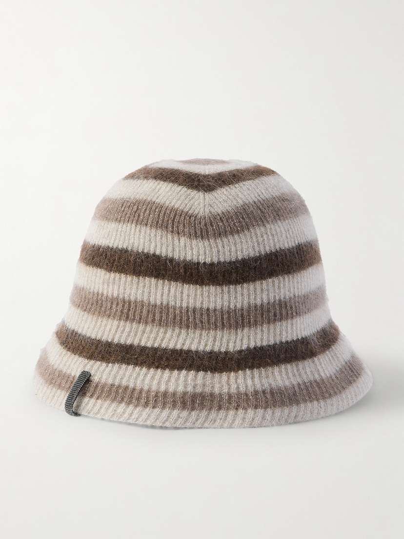 Brunello Cucinelli Bead-embellished Striped etallic Ribbed-knit Bucket Hat