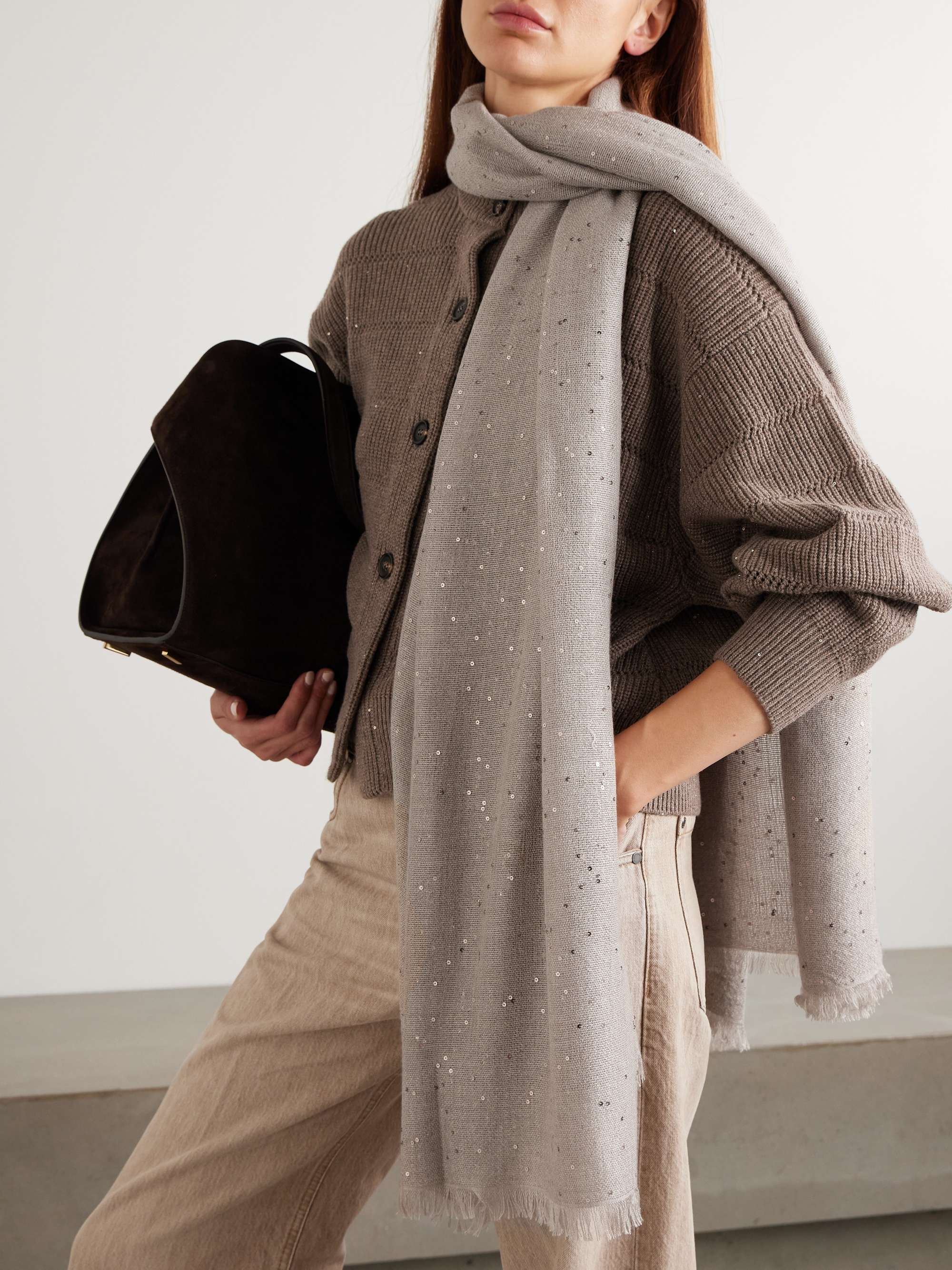 BRUNELLO CUCINELLI Sequined cashmere and silk-blend scarf