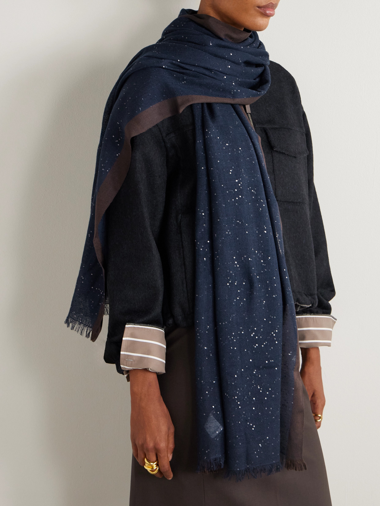 Brunello Cucinelli Sequined Cashmere And Silk-blend Scarf In Blue