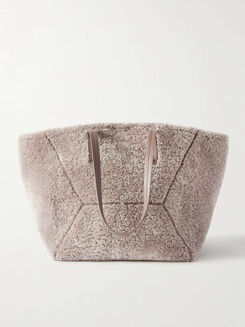Brunello Cucinelli Large Bead-embellished Leather-trimmed Shearling Tote