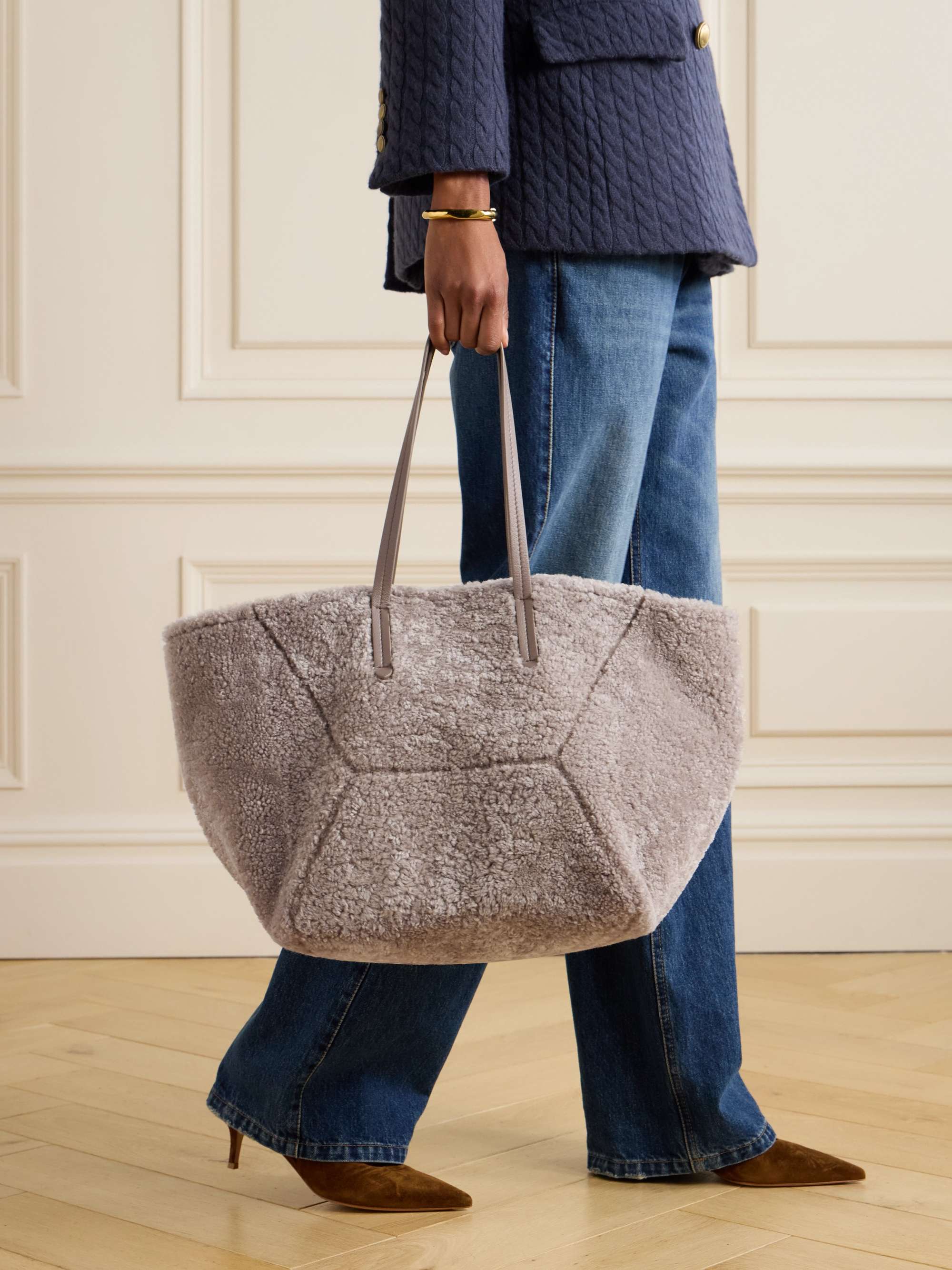 Large bead-embellished leather-trimmed shearling tote - beige - One Size
