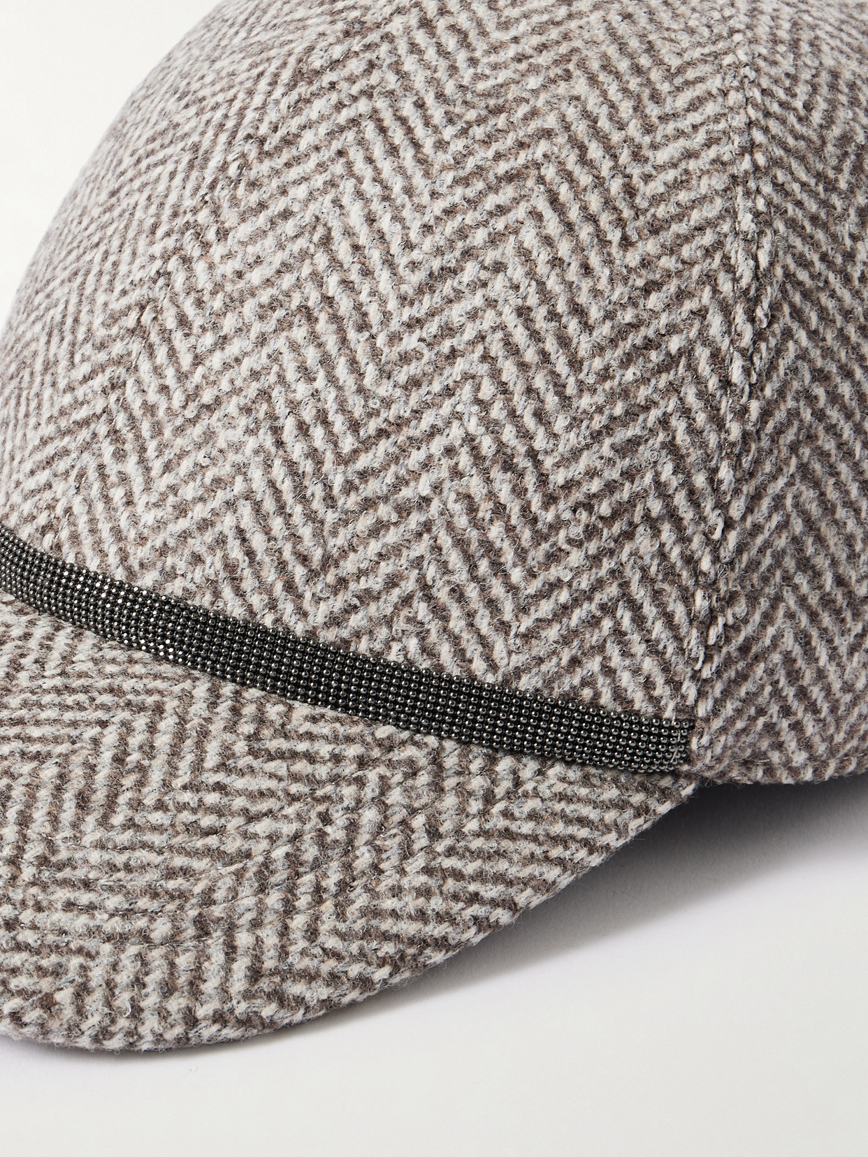 Brunello Cucinelli Bead-embellished Herringbone Wool-blend Tweed Cap In Gray