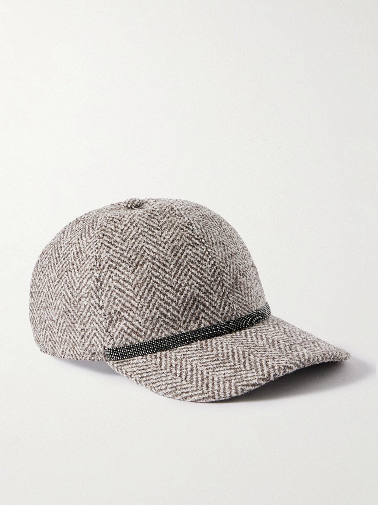 Brunello Cucinelli Bead-embellished Herringbone Wool-blend Tweed Cap In Gray