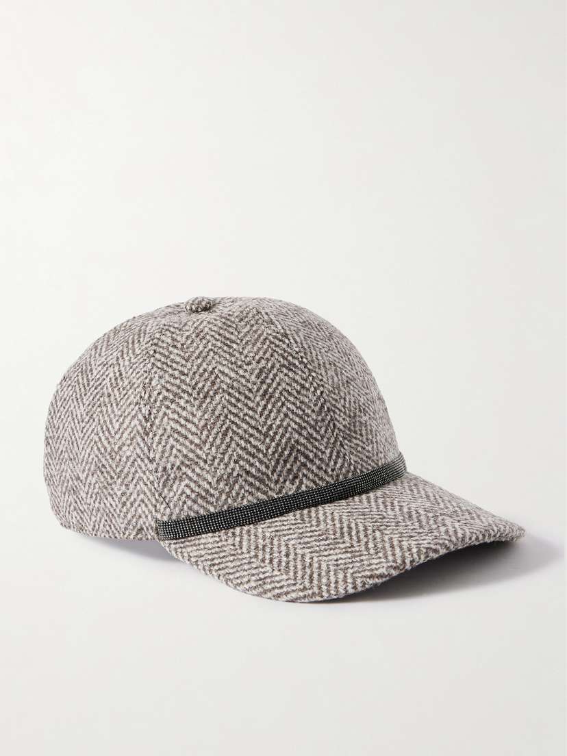 Brunello Cucinelli Bead-embellished Herringbone Wool-blend Tweed Cap