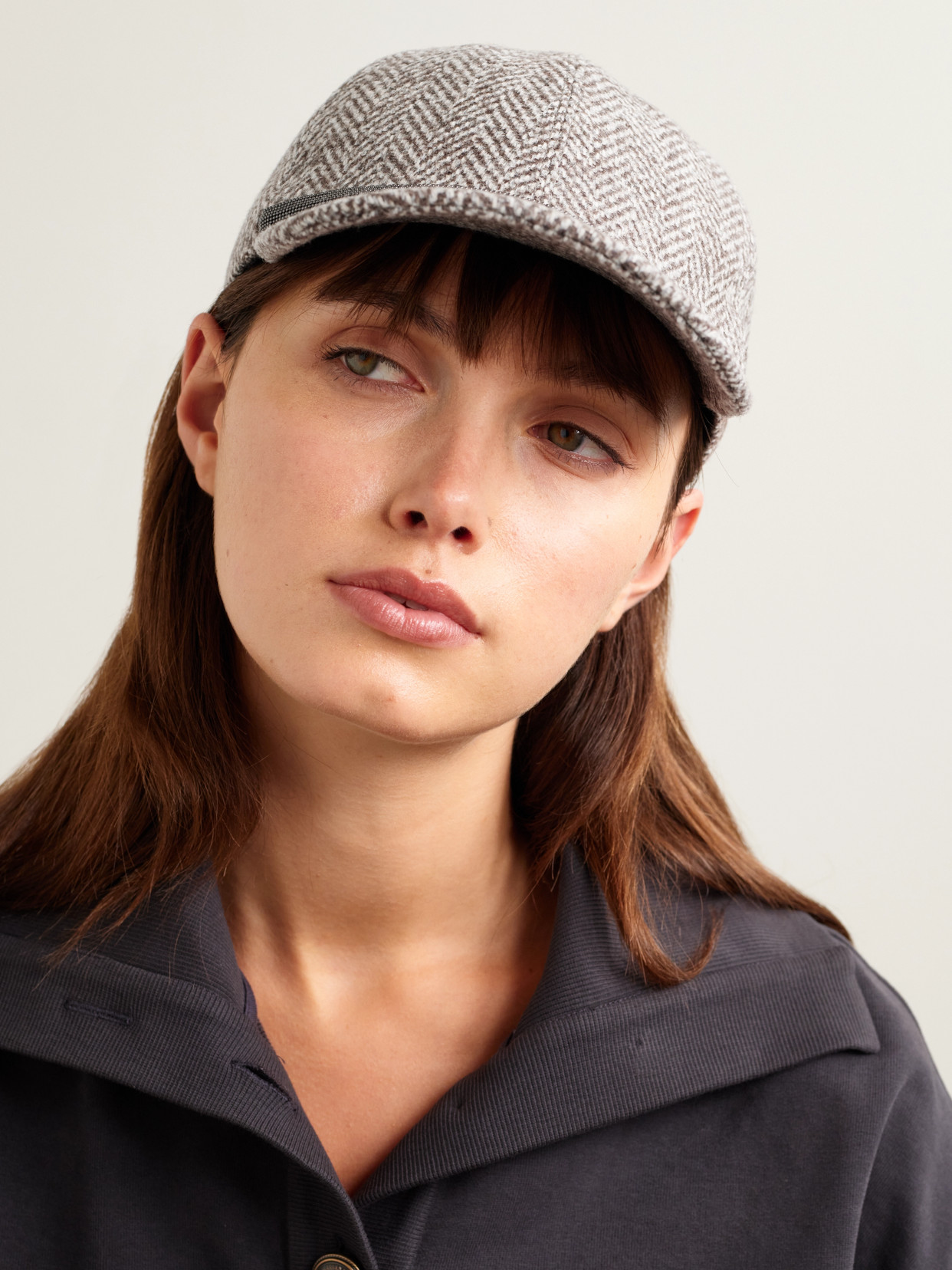 Brunello Cucinelli Bead-embellished Herringbone Wool-blend Tweed Cap In Gray