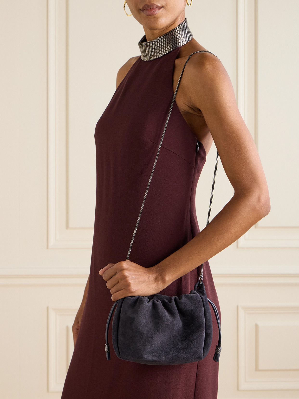 Brunello Cucinelli Small Leather-trimmed Bead-embellished Suede Shoulder Bag