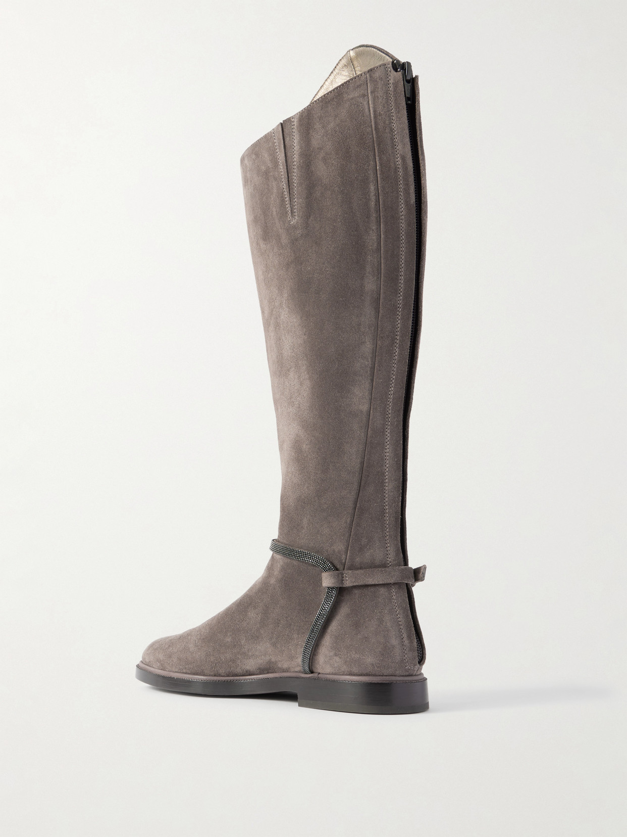 Brunello Cucinelli Buckled Bead-embellished Suede Knee Boots In Brown