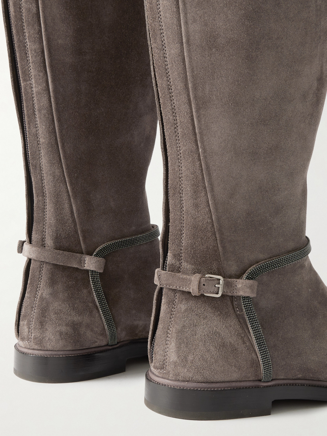 Brunello Cucinelli Buckled Bead-embellished Suede Knee Boots In Brown