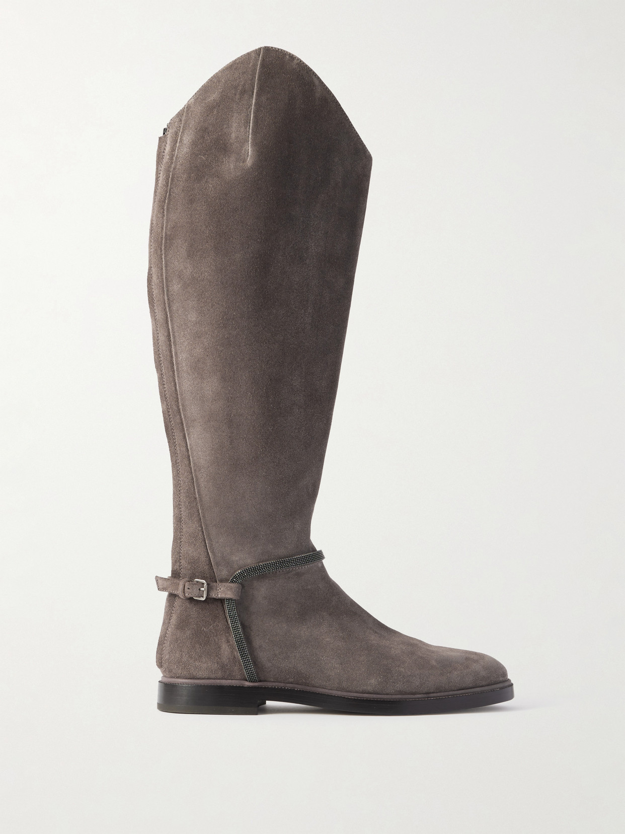 Brunello Cucinelli Buckled Bead-embellished Suede Knee Boots In Brown