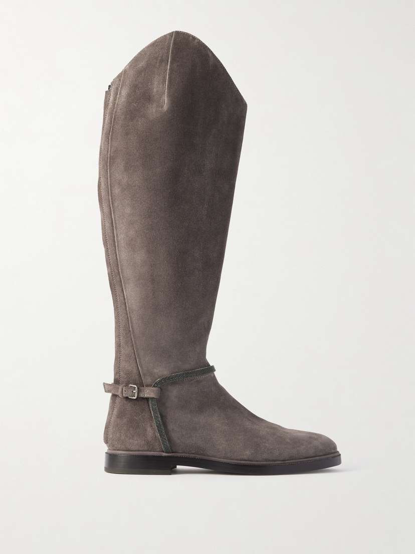 Brunello Cucinelli Buckled Bead-embellished Suede Knee Boots
