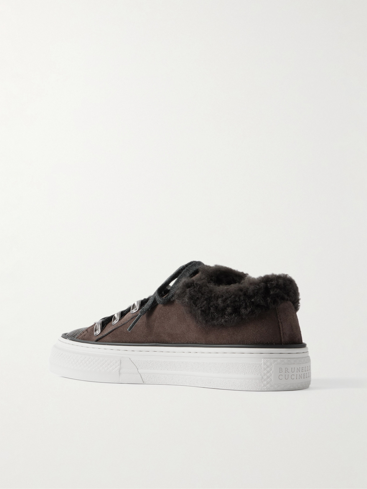 Brunello Cucinelli Bead-embellished Shearling-lined Suede Sneakers In Brown