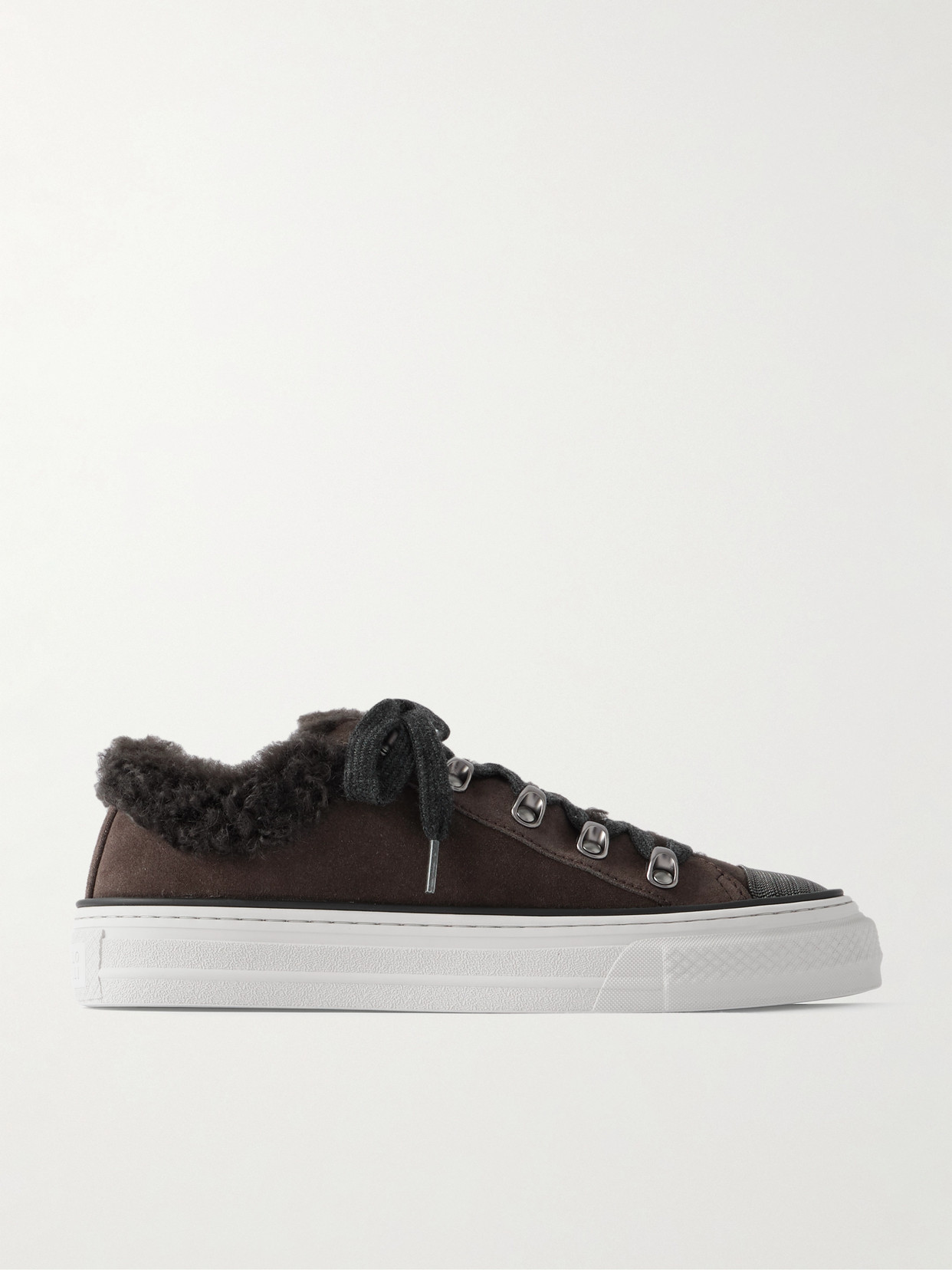 Brunello Cucinelli Bead-embellished Shearling-lined Suede Sneakers In Brown
