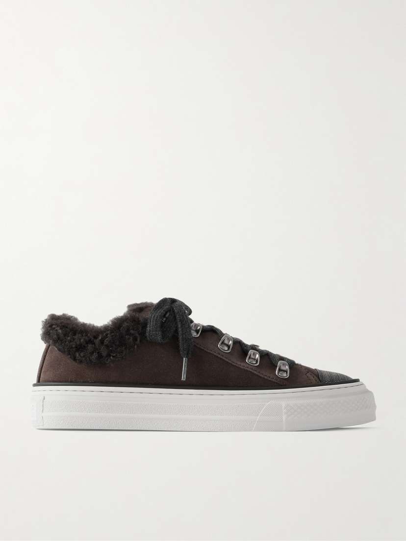 Brunello Cucinelli — Bead-embellished shearling-lined suede sneakers