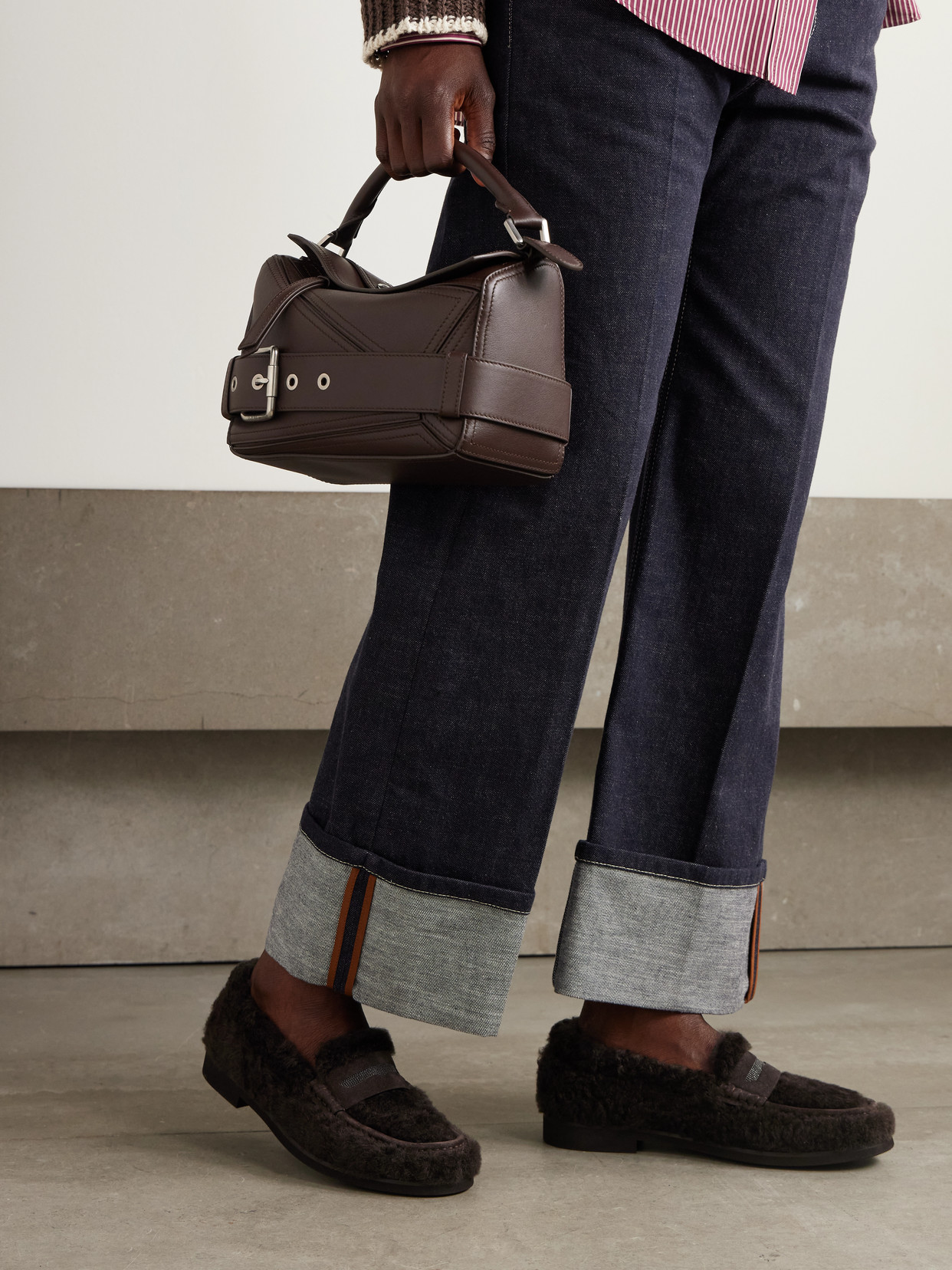 Brunello Cucinelli Bead-embellished Suede-trimmed Shearling Loafers