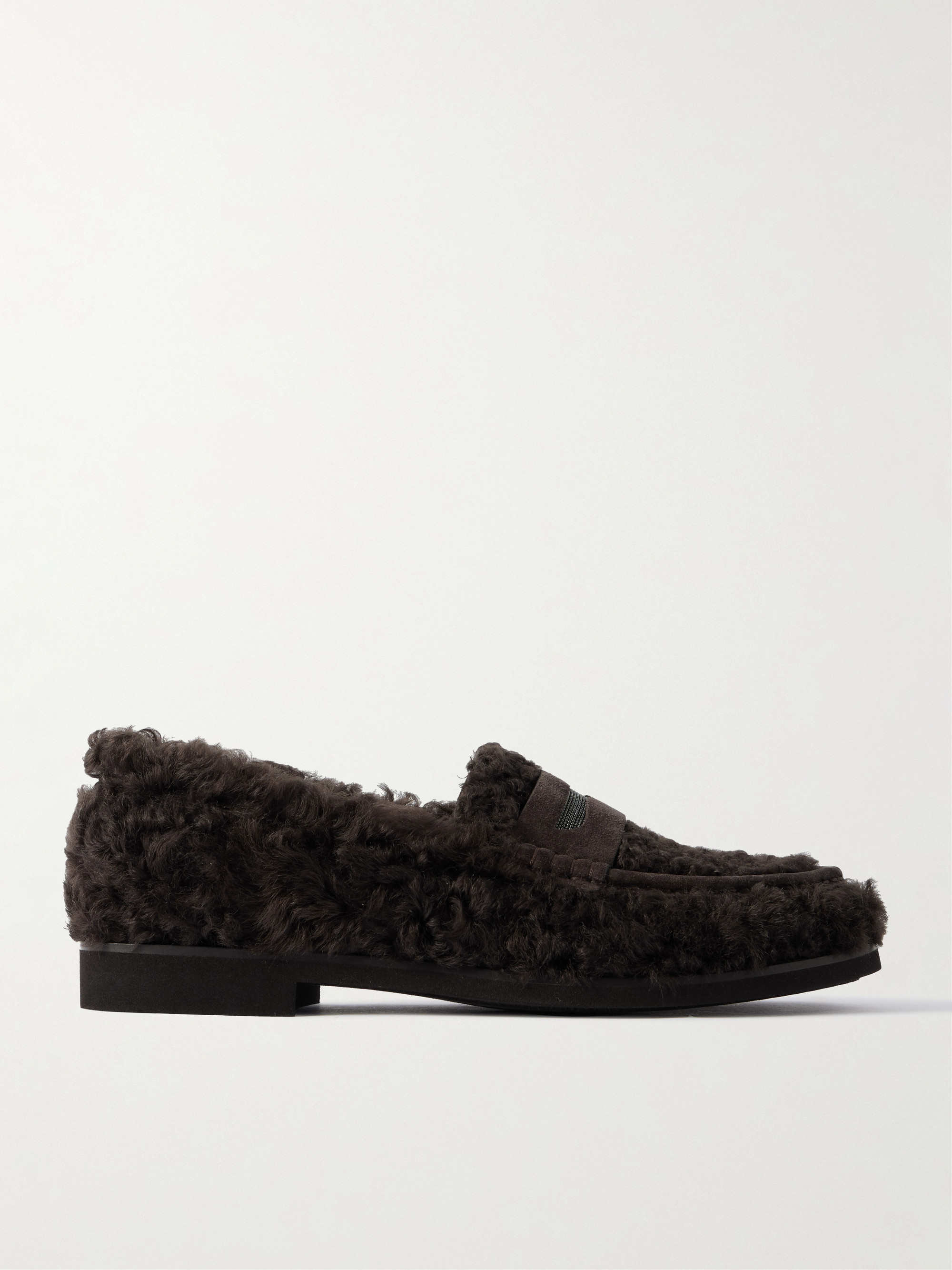Brunello Cucinelli Bead-embellished suede-trimmed shearling loafers