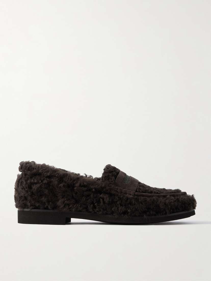 Brunello Cucinelli — Bead-embellished suede-trimmed shearling loafers