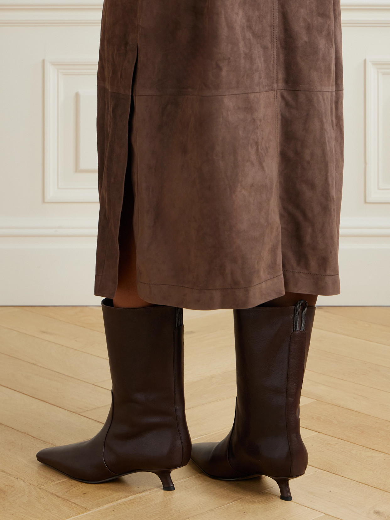 Brunello Cucinelli Bead-embellished Leather Ankle Boots In Brown