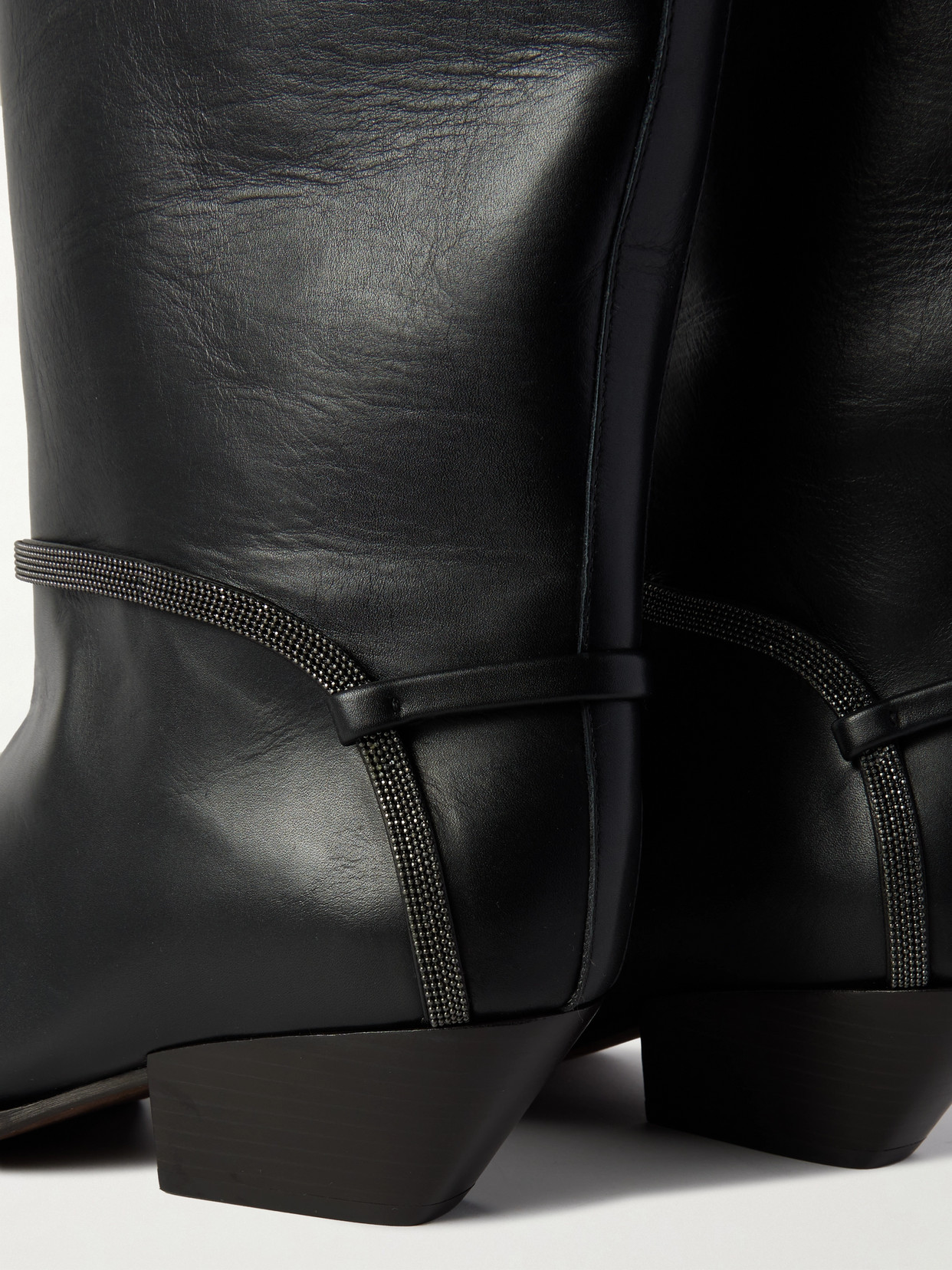 Brunello Cucinelli Bead-embellished Leather Knee Boots In Black