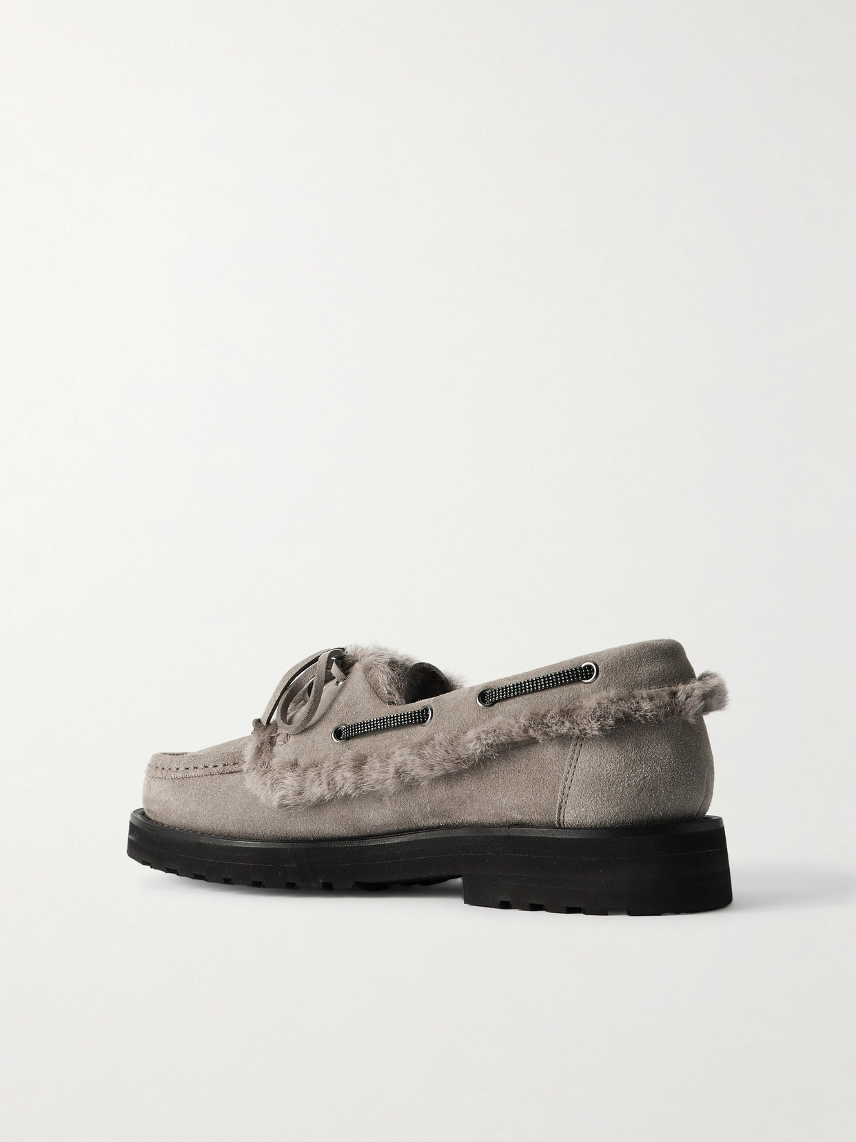 Brunello Cucinelli Bead-embellished Shearling-trimmed Suede Loafers In Gray