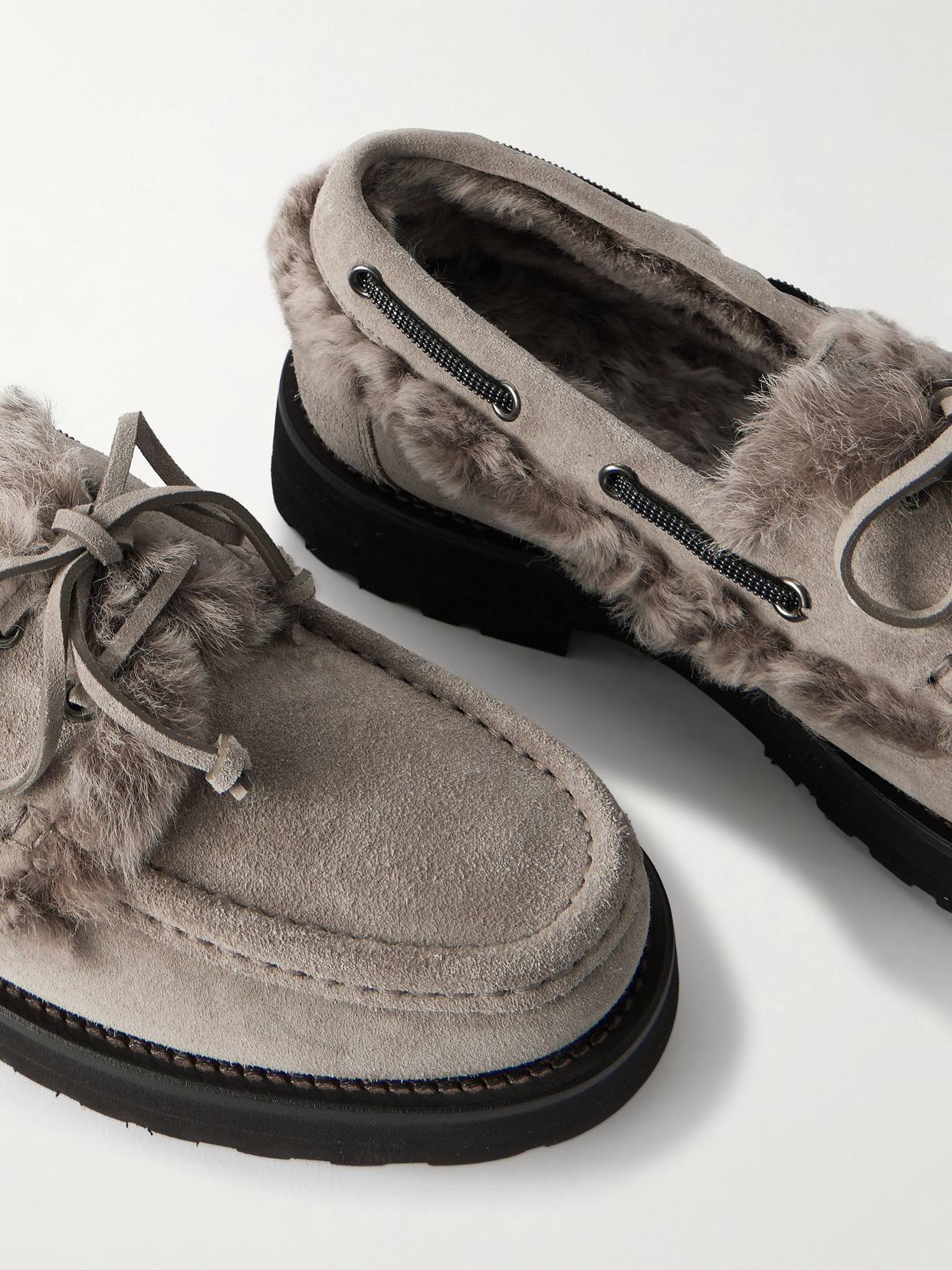 Brunello Cucinelli Bead-embellished Shearling-trimmed Suede Loafers In Gray