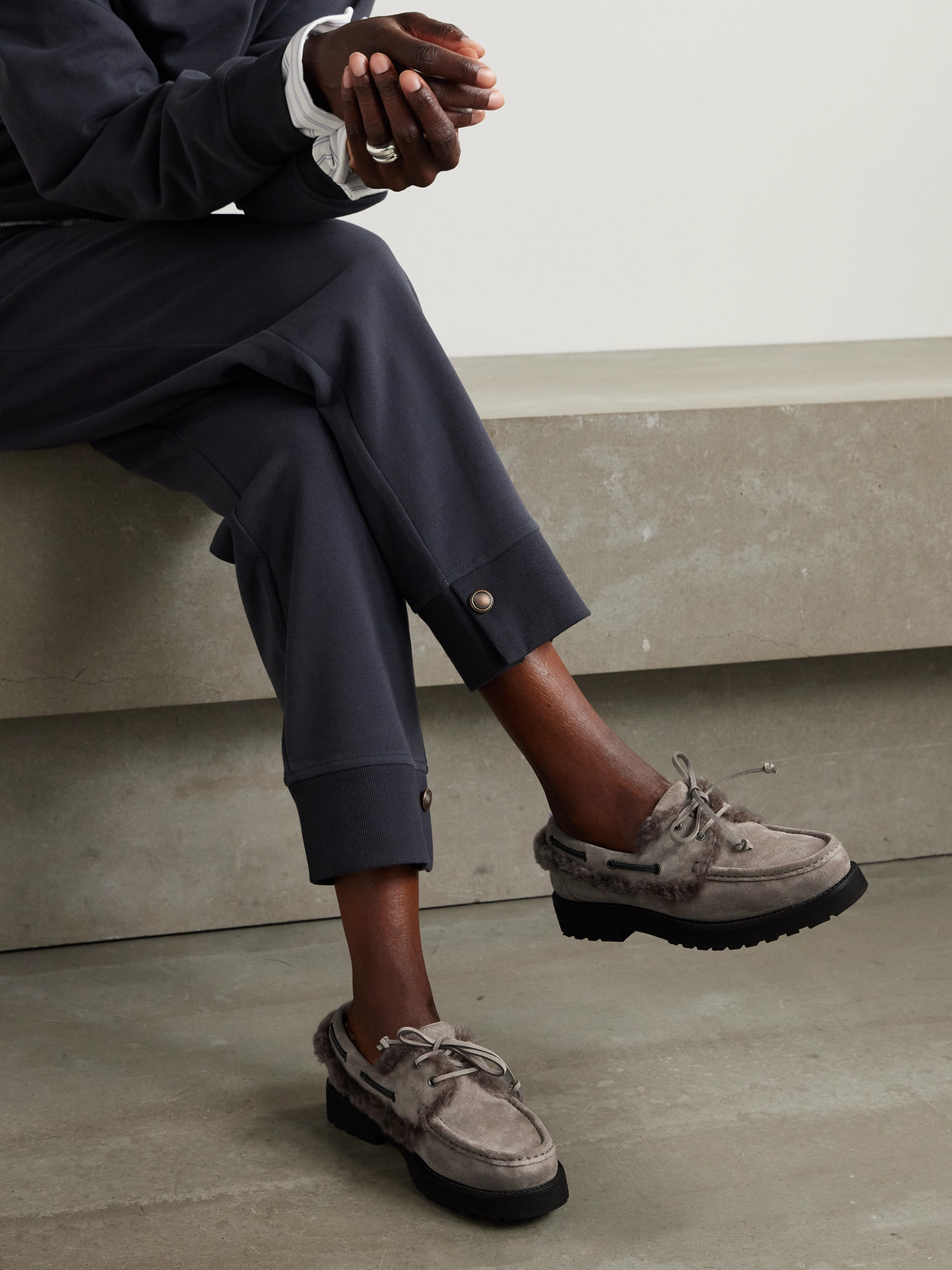 Brunello Cucinelli Bead-embellished Shearling-trimmed Suede Loafers In Gray