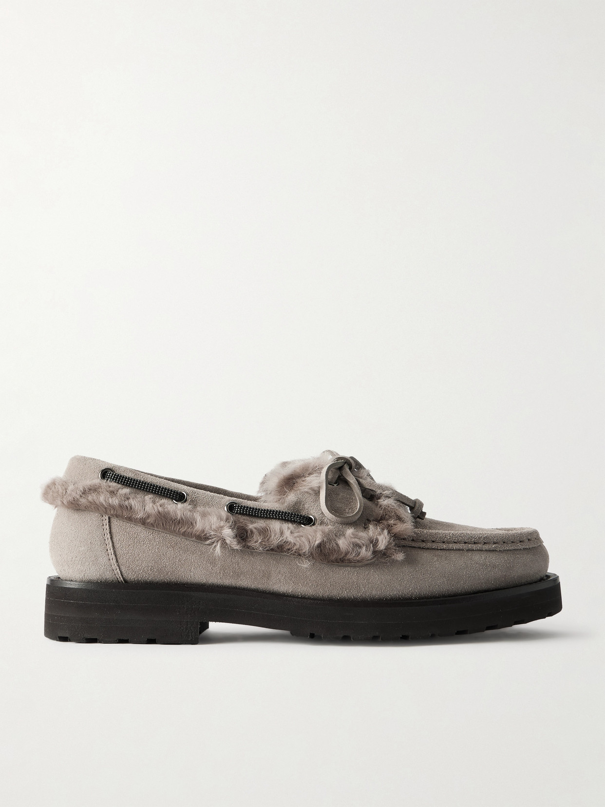 Brunello Cucinelli Bead-embellished Shearling-trimmed Suede Loafers In Gray