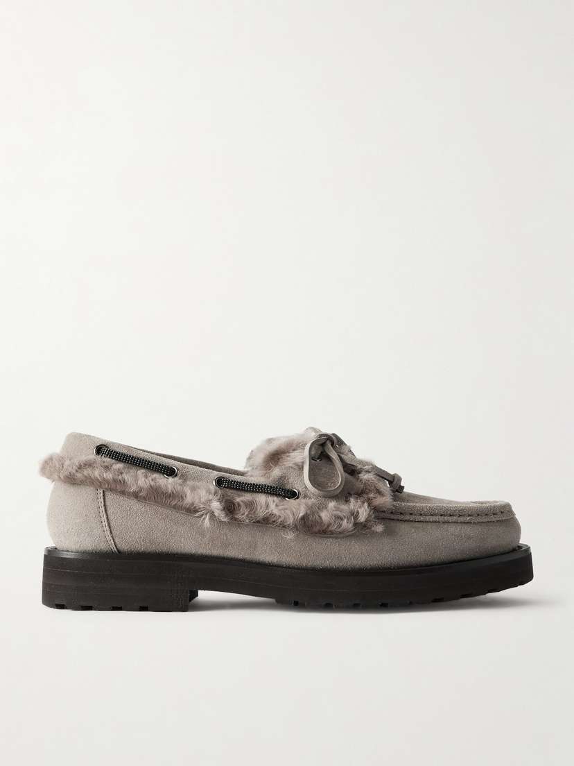 Brunello Cucinelli Bead-embellished Shearling-trimmed Suede Loafers