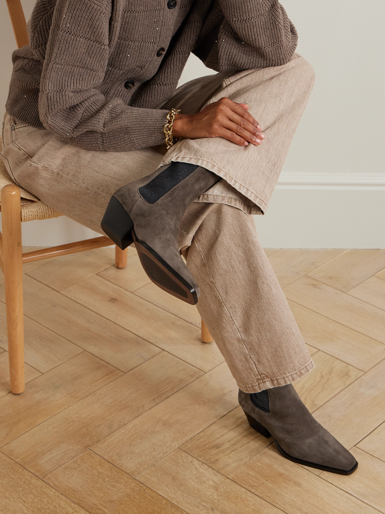 Brunello Cucinelli Bead-embellished Suede Chelsea Boots In Brown