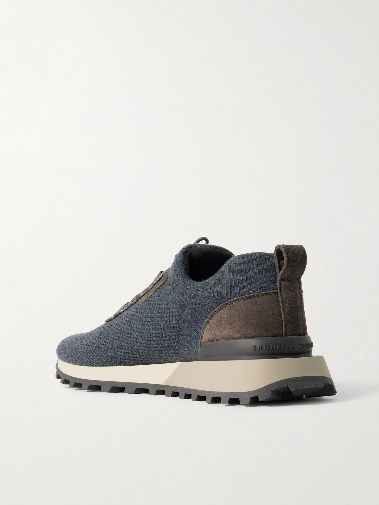 Brunello Cucinelli Bead-embellished Suede-trimmed Wool-blend Sneakers In Blue