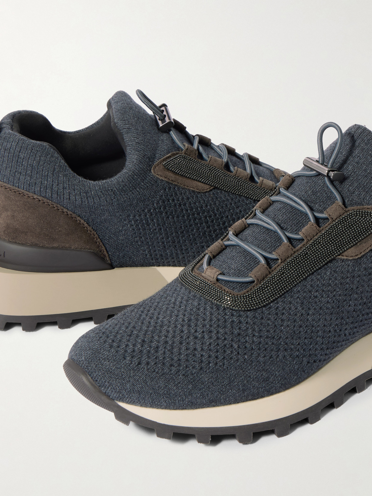 Brunello Cucinelli Bead-embellished Suede-trimmed Wool-blend Sneakers In Blue