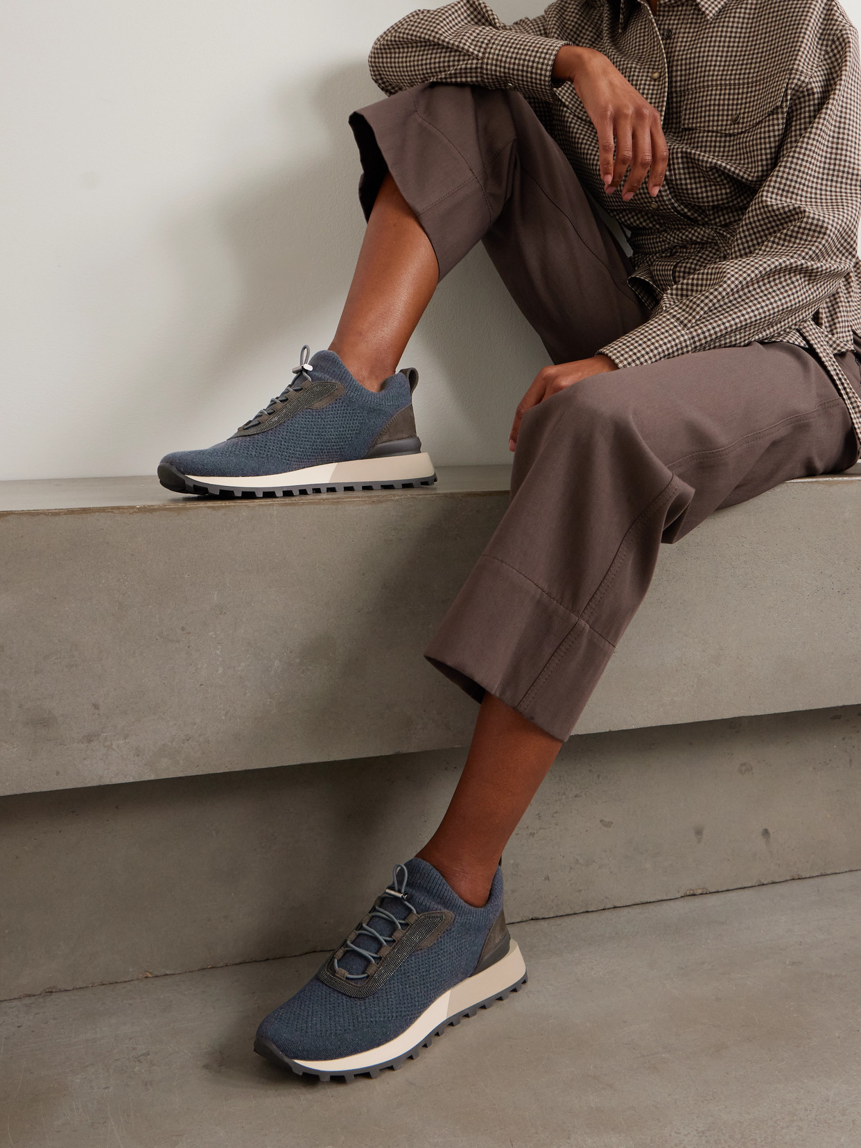 Brunello Cucinelli Bead-embellished Suede-trimmed Wool-blend Sneakers In Blue