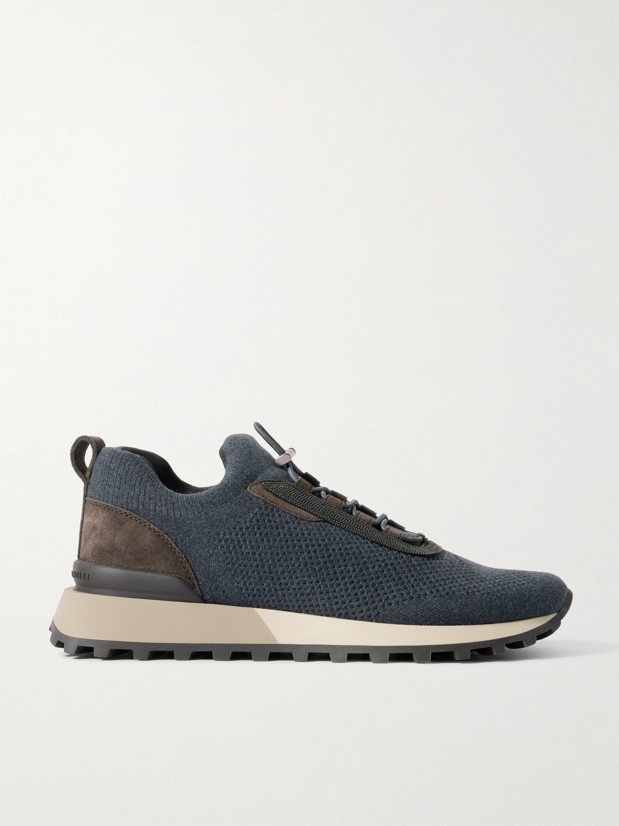 Brunello Cucinelli Bead-embellished Suede-trimmed Wool-blend Sneakers In Blue