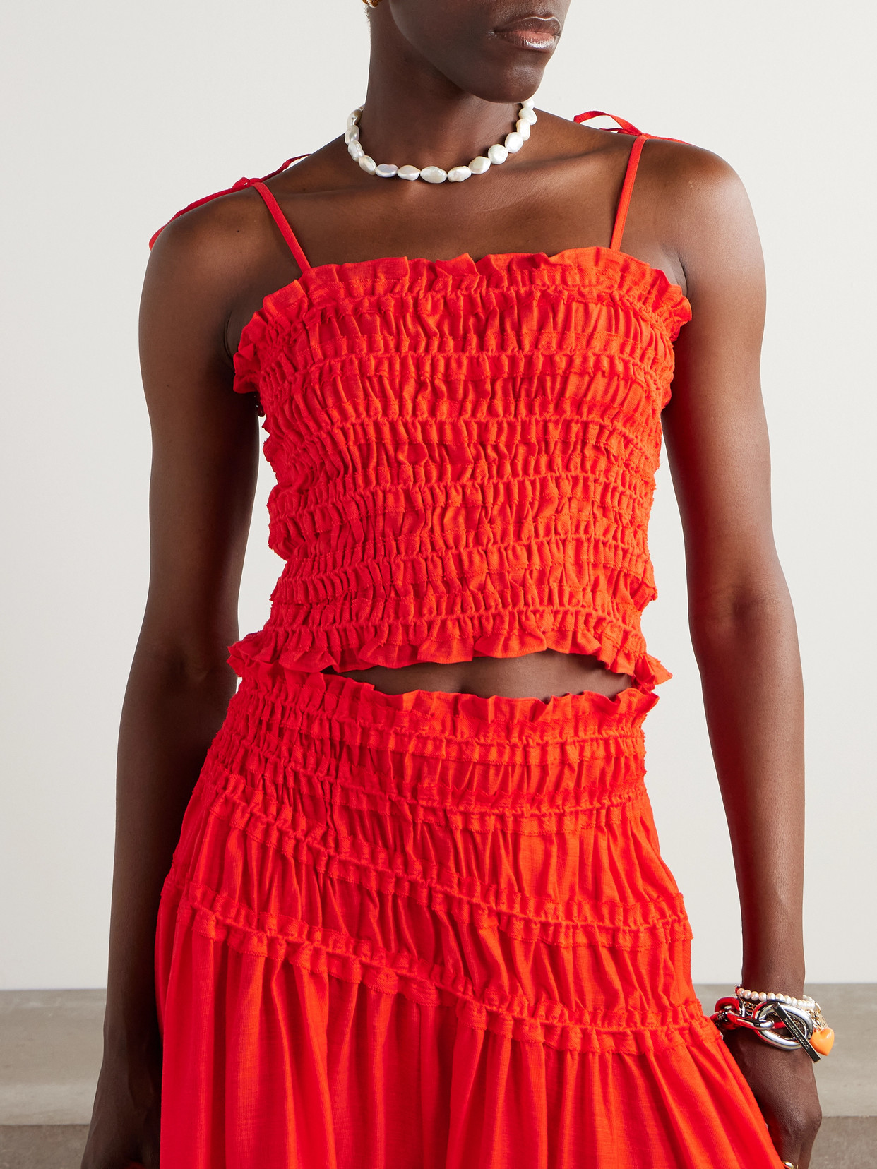 Cropped Ruffled Shirred Lyocell-Blend Top