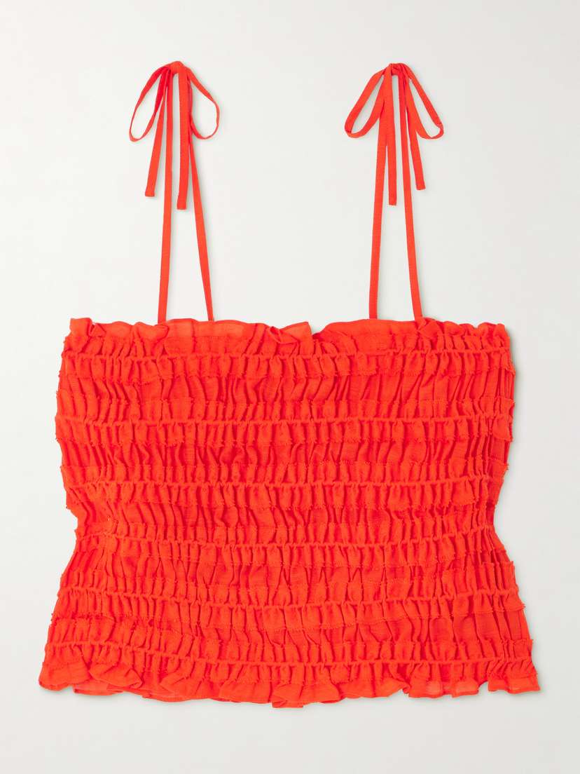 Tory Burch Cropped Ruffled Shirred Lyocell-blend Top