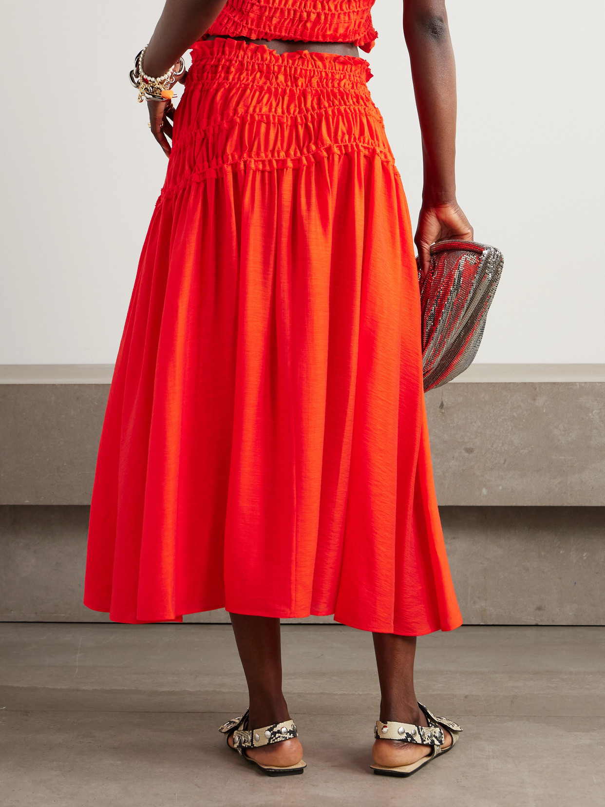 Ruffled Shirred Lyocell-Blend Midi
